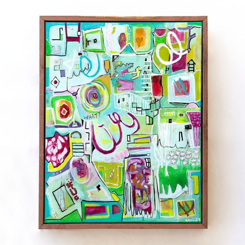 Abstract acrylic painting featuring flowing mauve and forest green tones