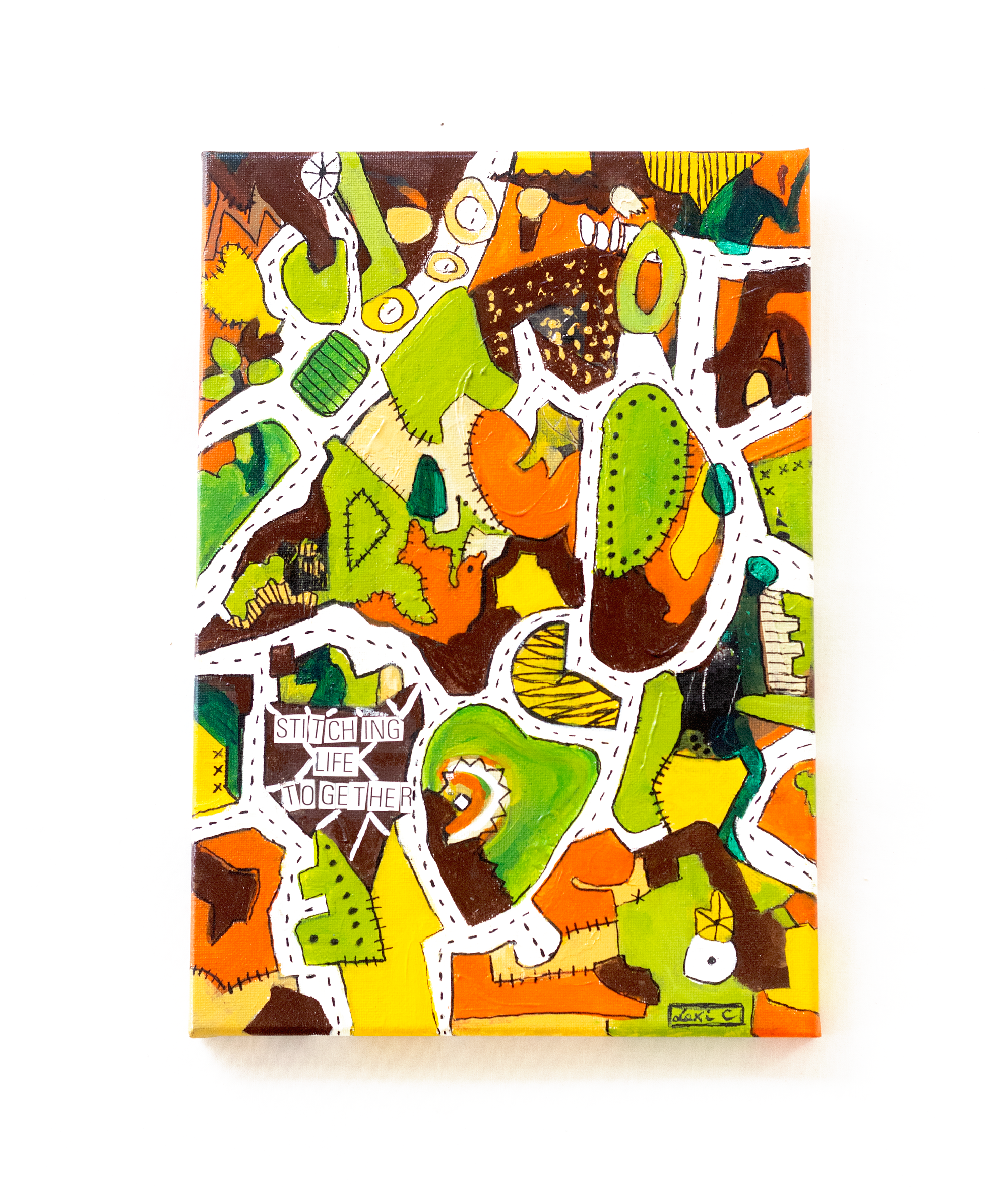 Stitching Life Together - Collage and acrylic paint